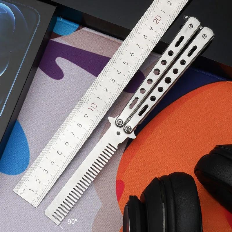 1Pcs Stainless Steel Practice Training Butterfly Knife Comb Beard Moustache Brush Salon Hairdressing Styling Tool Foldable Comb