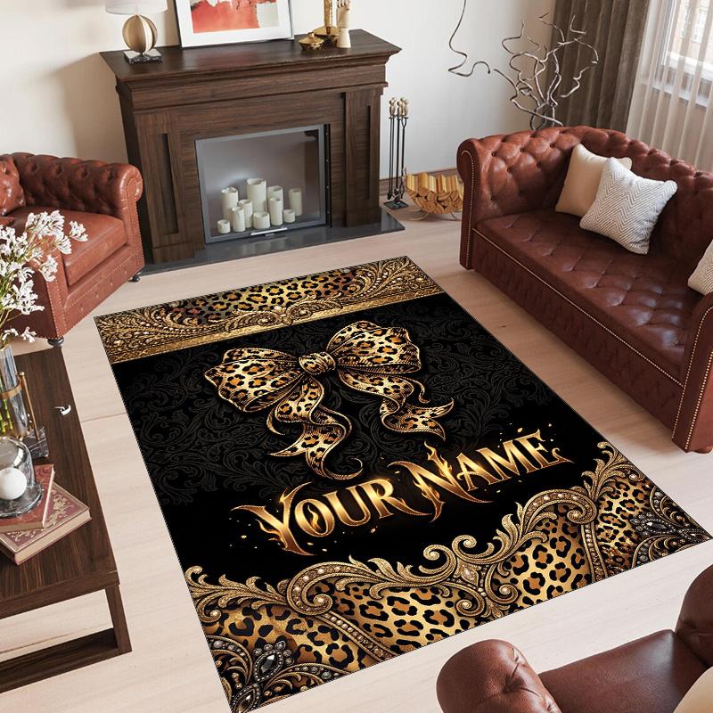 Leopard Theme Crystal Velvet Floor Rug Personalized Custom Name Text Warm Carpet Home Decoration