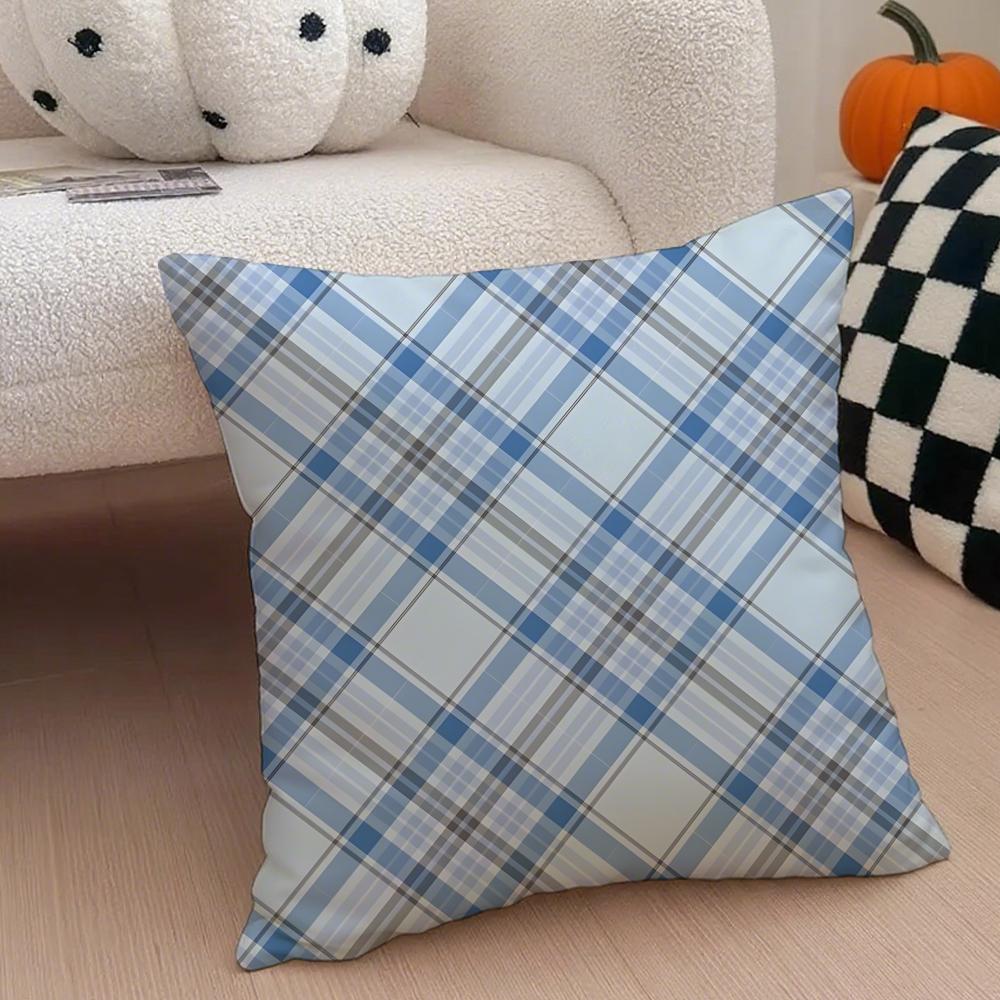 Classical Blue Tartan Design Plaid Cushion Cover Throw Pillow Cover Hidden Button Durable Polyester Chair Cushion