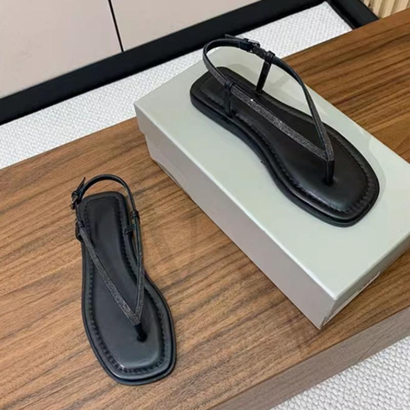 Sheepskin rhinestone flat bottom retro toe sandals women's leather simple flip-flops women's shoes beach roman cool slippers