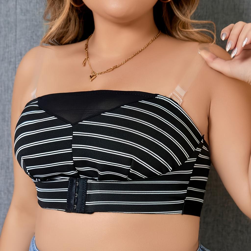 Large Size Black and White Stripes Mesh Pattern Breathable Seamless Underwear Fashionable Side Breast Control Detachable Bra