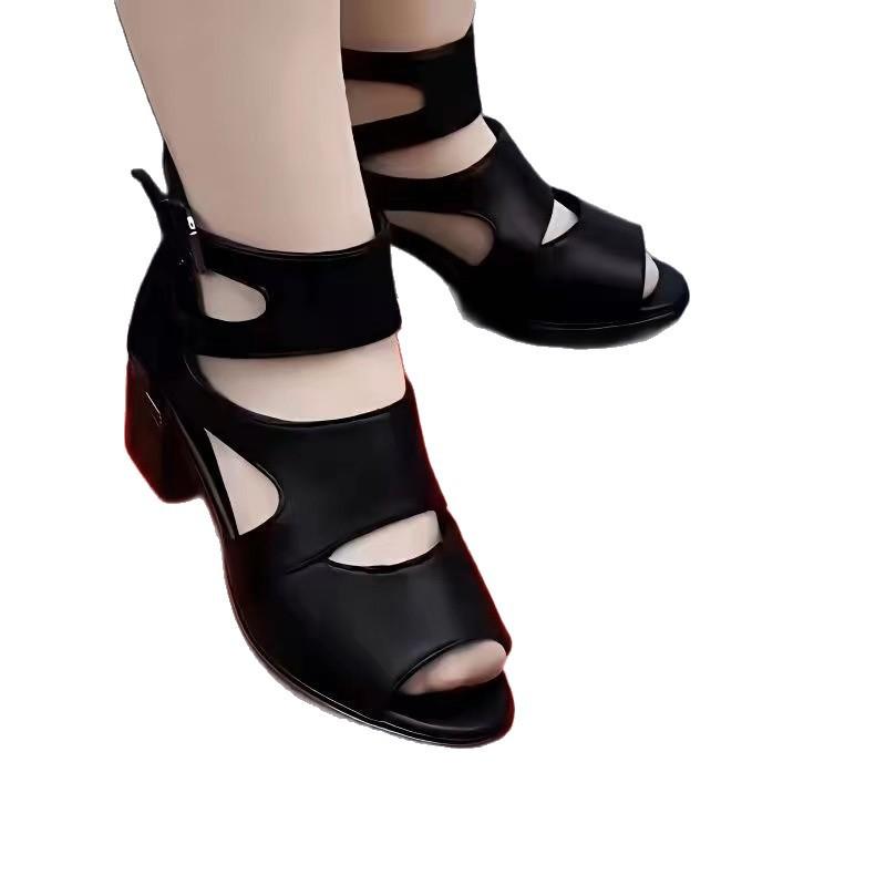 European and American fashion thick heel fish mouth sandals versatile comfortable breathable cool boots women's summer new soft-soled beach shoes