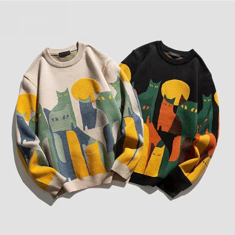 Autumn Winter Knitted Base Sweater Men Women Cartoon Full Cat Print Pullover Vintage Causal Loose Sweaters Streetwear Loose Couple Top