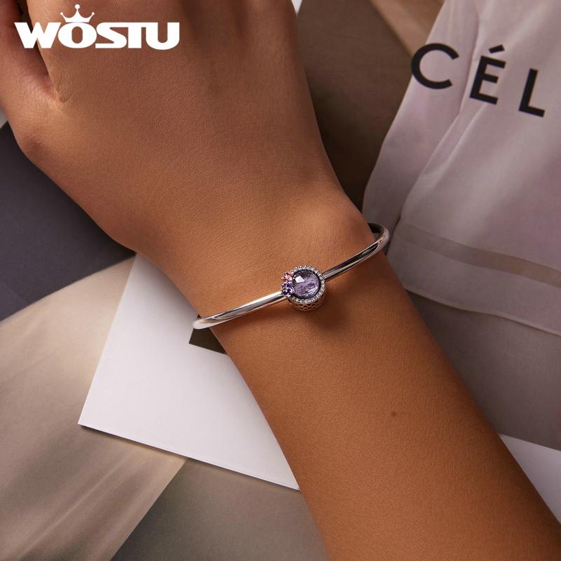 WOSTU 925 Sterling Silver Purple Bright Flowers Charms for Making Bracelet or Bangle DIY Jewelry