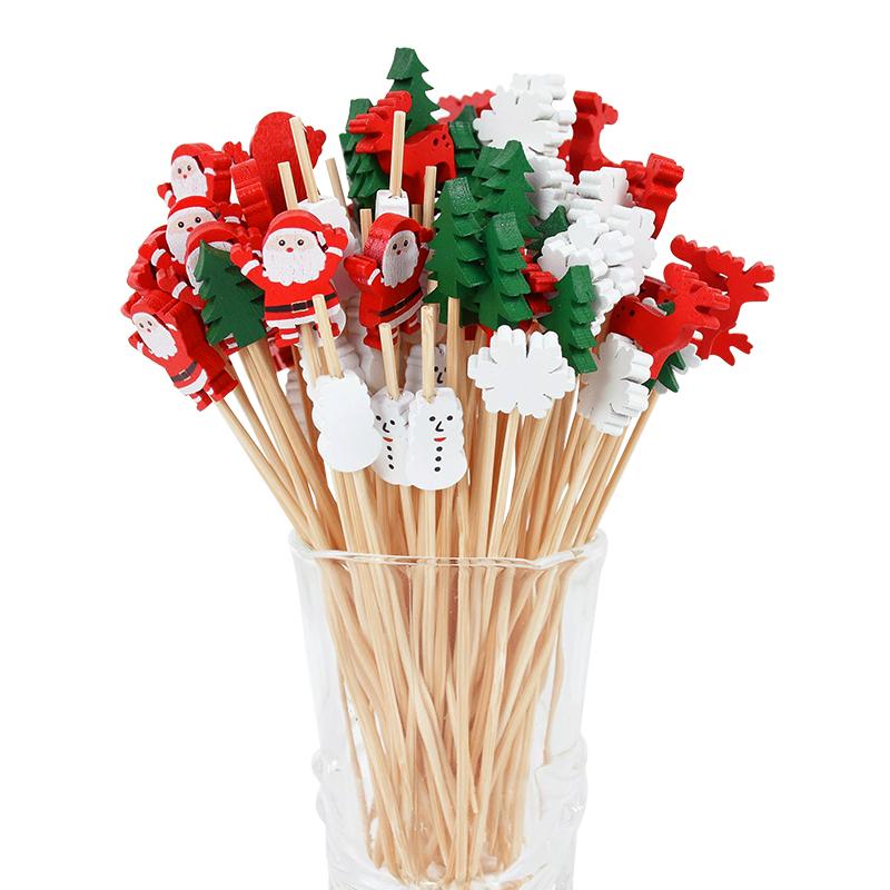 50/100Pcs Christmas Bamboo Skewer Cocktail Picks Cupcake Topper Disposable Food Dessert Toothpicks New Year Party Decor Supplies