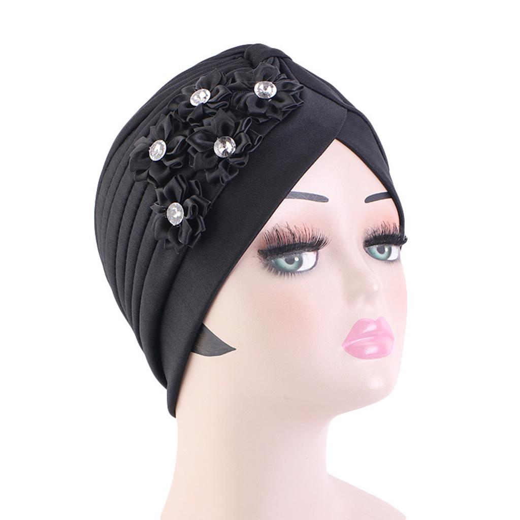 4Pcs Women Turban National Style Diamond Flower Beanie Elastic Head Wrap Cap Chemo Headwear Accessories
