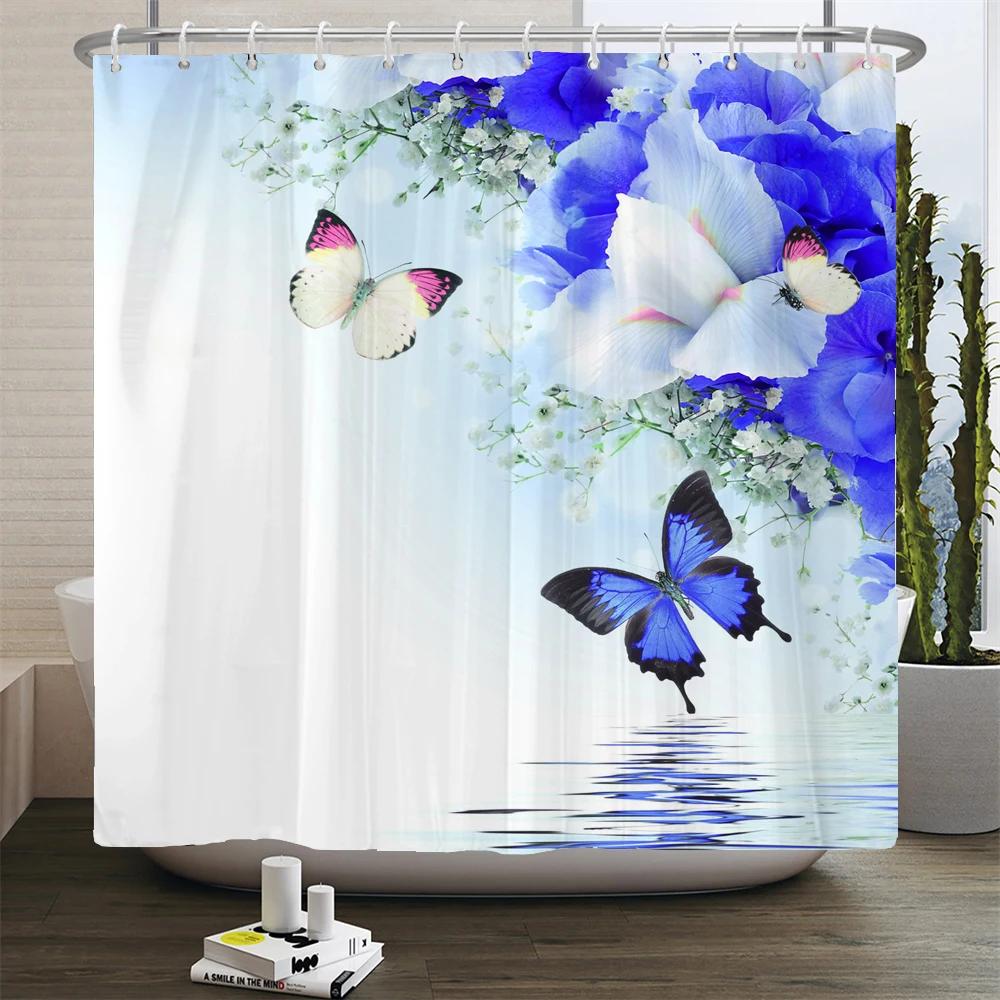 3D Butterfly Flower Printing Bathroom Curtain Polyester Waterproof with Hooks Home Decoration Shower Curtain Bathroom Screen