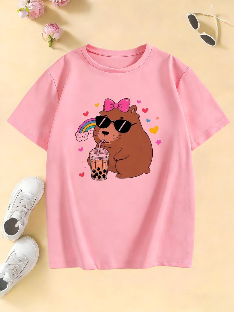 Girls Stylish Hoodie with Capybara Printed T Shirts Kids Childrens Tshirt Boys Girls Summer Spring Casual Top Tee