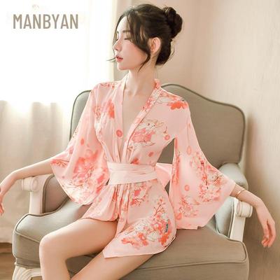 Manyan Women's Japanese-Style Cat Print Kimono Bathrobe Lingerie Set