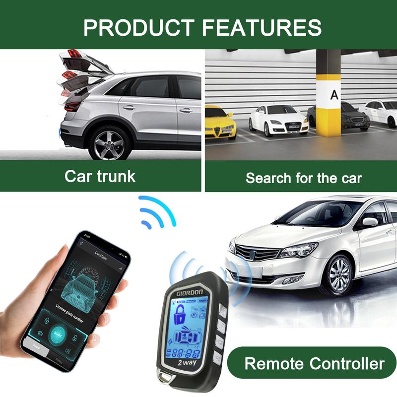 GIORDON 2 Way Car Alarm System LCD Complete Kit PKE Automatic Lock and Unlock Function Bluetooth APP Remote Engine Start