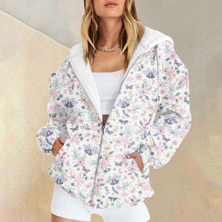 

Женская модная куртка-худи с цветочным принтом, повседневный кардиган на молнии с длинным рукавом, спортивная одежда, верхняя одежда с карманом, осень-зима L серый