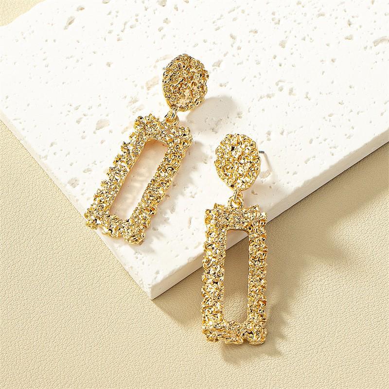 European & American Geometric Floral Metal Dangle Earrings - Retro Rectangular Design