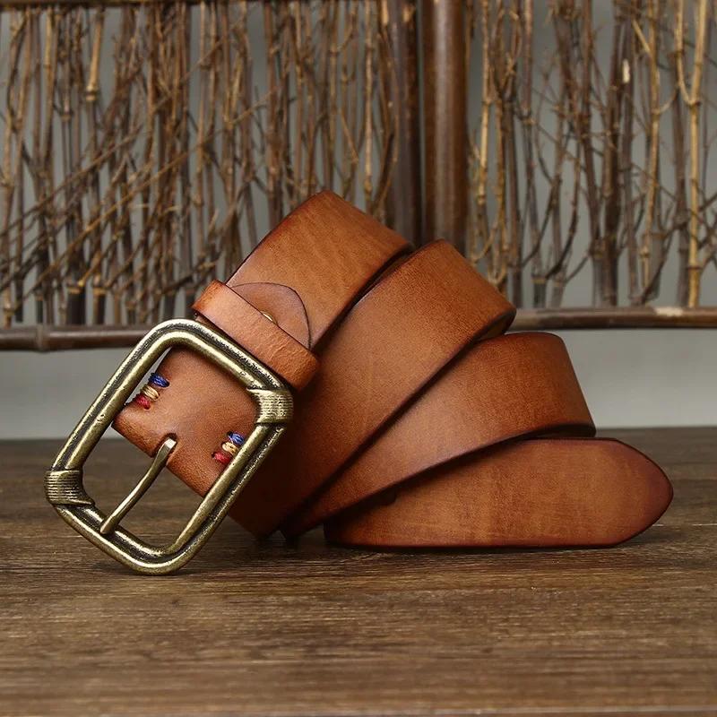 3.8CM Pure Cowhide Genuine Leather for Men's High Quality Jeans Copper Brass Buckle Belts Cowboy Waistband Male Fashion Designer