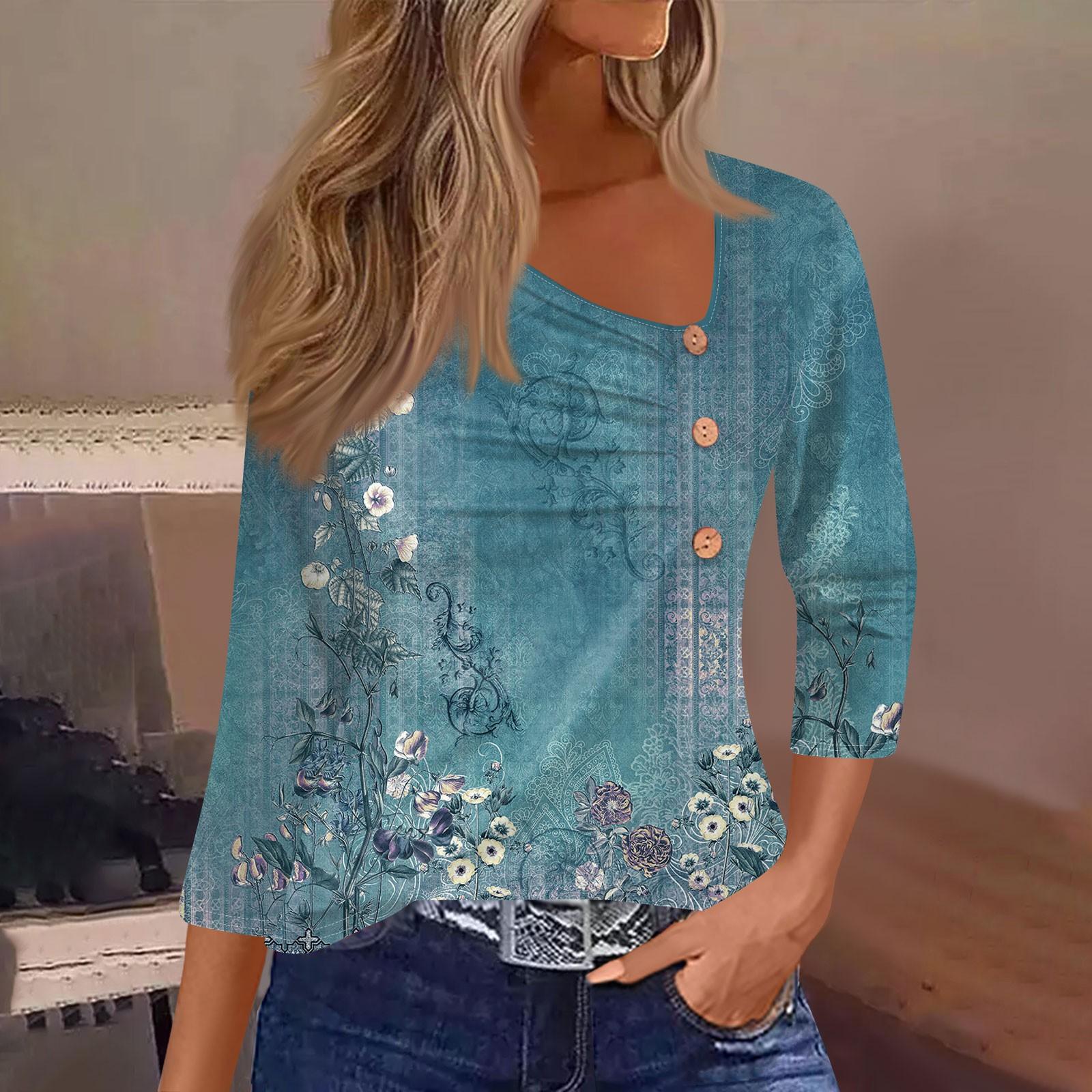 Жен. Футболка Футболка С принтом Пуговицы Рукав 3/4 Повседневные Выходные Мода — фото 12