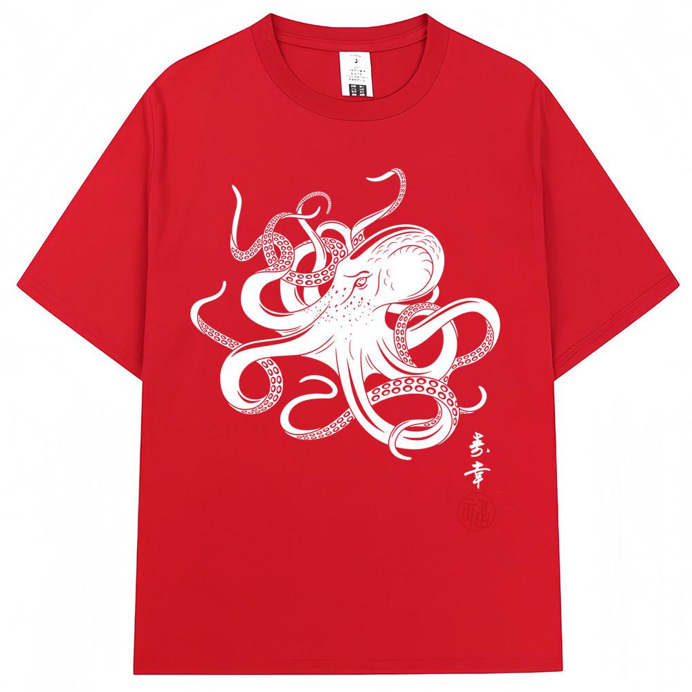 Japanese Style Octopus Calligraphy Gyotaku T Shirt Anime Men Women Fashion Harajuku Vintage Tshirts Loose Cotton Casual Tshirt S