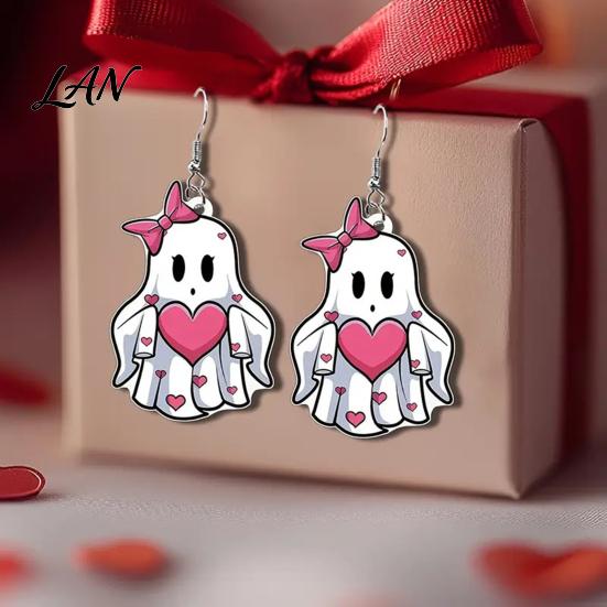 Easy to Wear Earrings Pink Heart Ghost Earrings, Cute with Bow Drop Halloween Jewelry Lightweight Acrylic for Girls Women Non-oxidizing