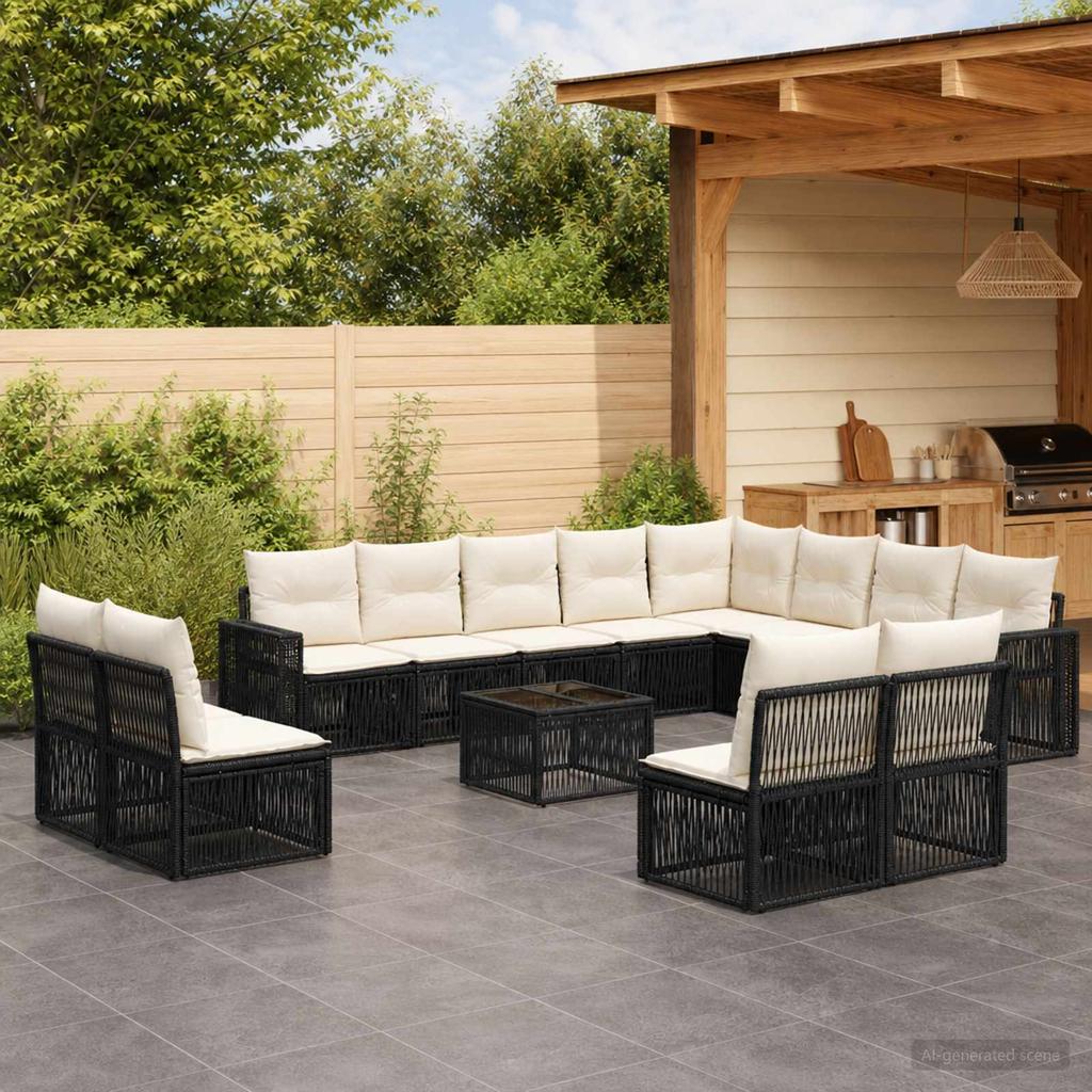 Garden Sofa Set 13 pcs Black and Cream White Poly Rattan