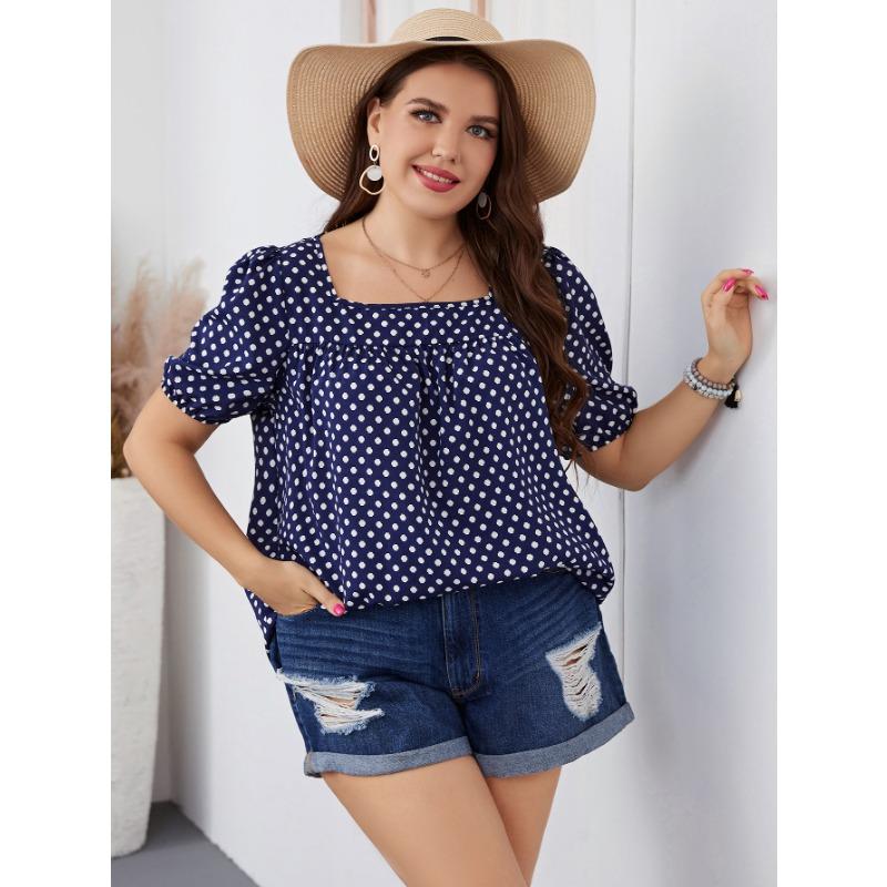 Sommer Herbst Damen Chiffon Kurz Rundhals Bluse Karomuster Temperament Pendler Polka Dot Hemd XL-4XL