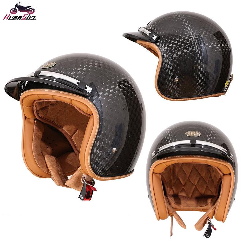 Retro Carbon Fiber Motorcycle Helmet, Three-Quarter Design for Men and Women