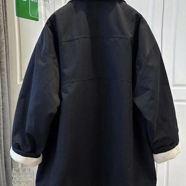 Korean High Collar Women's Winter Work Jacket, Plus Velvet, Cotton Padded, Loose Fit, Slimming, Mid-Length