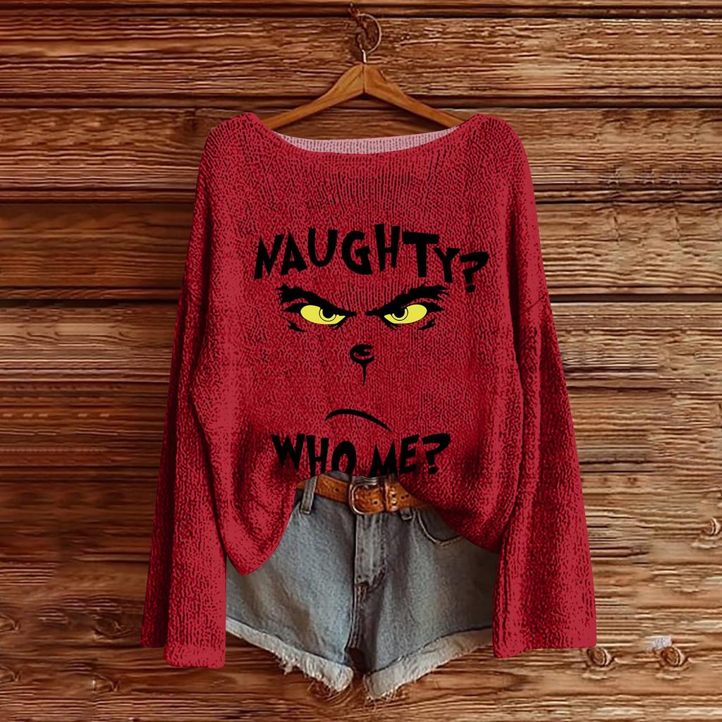 Women's Round Neck Lightweight Sweater Casual Long Sleeve Christmas Print Knit Pullover.
