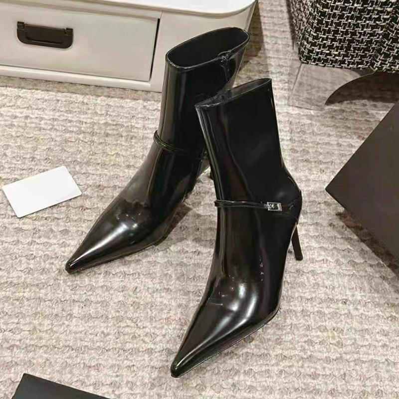 Fashion Autumn Winter Fashion Patent Leather Strap Buckle Women Ankle Boots Elegant Pointed Toe Stiletto High Heels Chelsea Boots Shoes