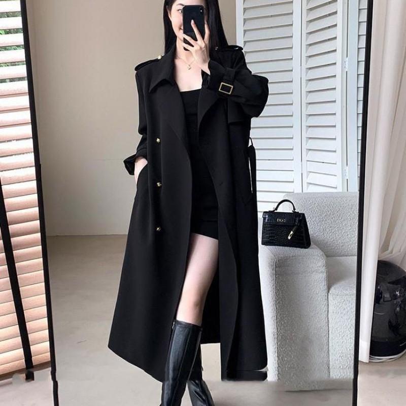 Womens Black Mid-Length Double-Breasted Wool-Blend Trench Coat Chic Office Casual Outerwear