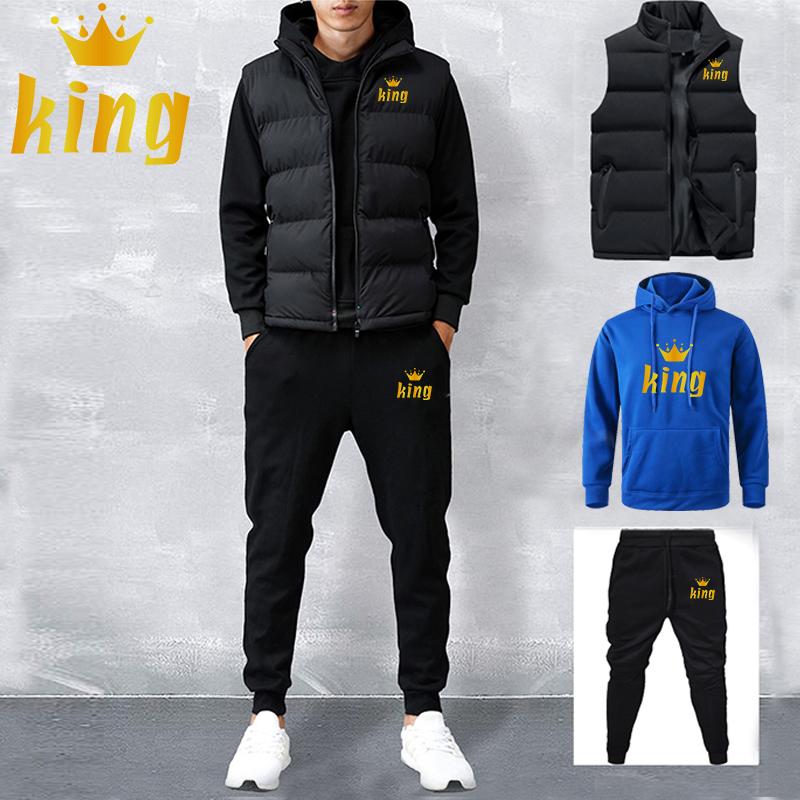 Men Women Spring and Autumn Solid Color Printed Hoodie 3 Piece Set Couple Hoodie + Vest + Pants Sportswear Set