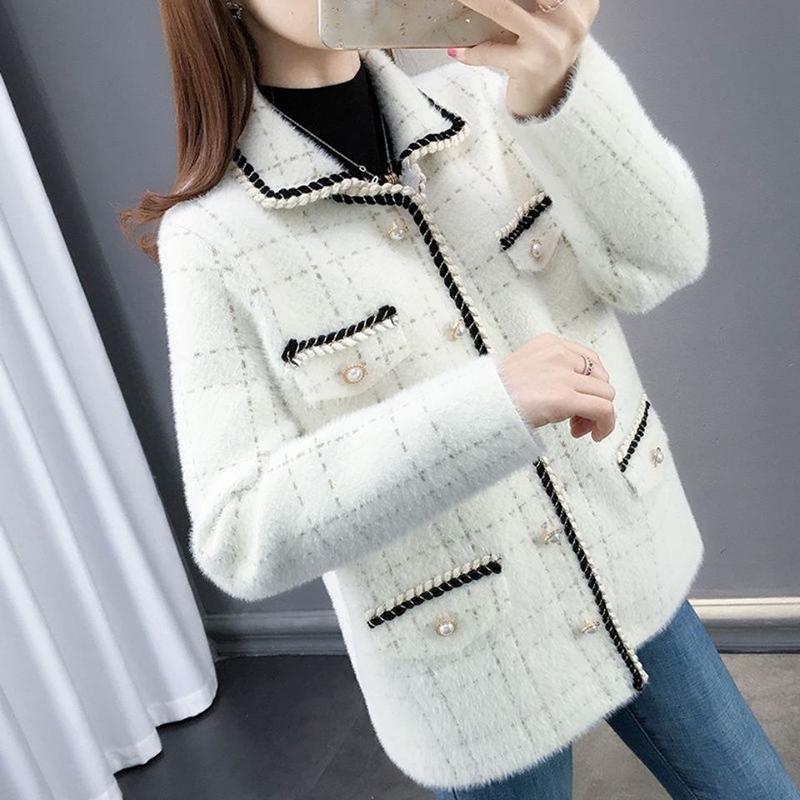Spring Vintage Plaid Mink Fleece Lapel Jacket Women Elegant Chic Pearl Buttons Korean Outerwear Office Lady Fashion Wild Coat
