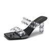 Fashion Higher Quality Rhinestone Thin Heel Women Sandals Transparent PVC Fashion Square Toe Slide Sandals Sexy Open Toe Designer Shoes