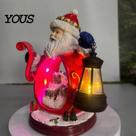 Santa Claus Resin Statue Christmas Figurine with LED Light, Glowing Statue, Snow Landscape Desktop Decoration for Party Favors