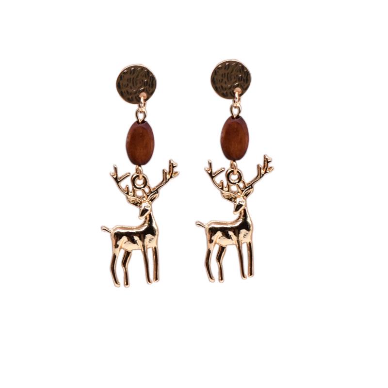 Retro Japanese Reindeer Wooden Earrings – Christmas Studs & Dangles, No-Piercing Clips
