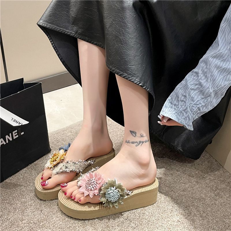 Flower Slippers Women's Summer Wear Non-slip Thick-bottomed Cool Slippers Holiday Beach Cool Slippers Women's 2025 Summer New
