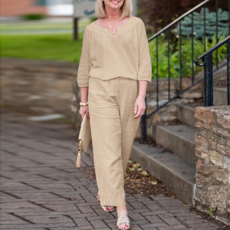 

Жіночий повсякденний бавовняний комплект великого розміру з топом з V-подібним вирізом, середнім рукавом на ґудзиках та кишенями, однотонний S хакі