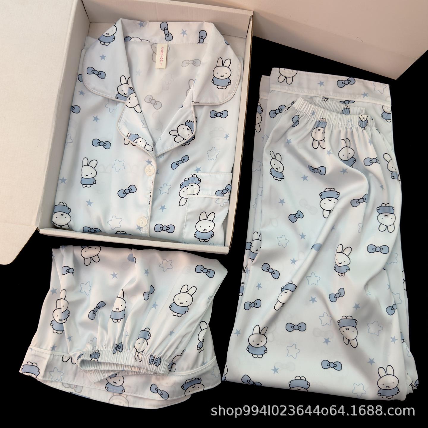 Ice and snow silk three-piece pajamas girls short-sleeved summer ice silk Miffy Rabbit new real silk loungewear M