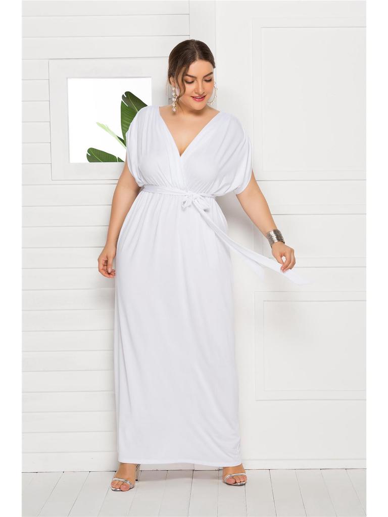 Plus Size Women’s Solid V-Neck Evening Dress, Sexy Loose Fit with Large Hem