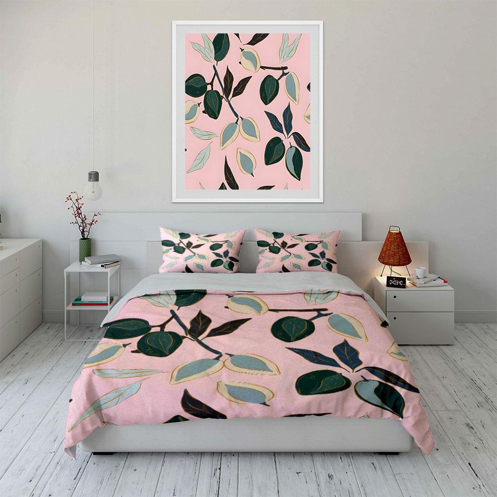 Delicate Hand-drawn Fruits and Leaves Print Bedding Set 1 Duvet Cover 2 Pillowcases for Adult and Children Luxury Gift Full Size
