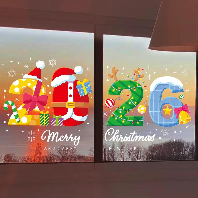 2026 New Christmas Decorations Happy New Year Snowman Pinecone Electrostatic Stickers Santa Claus Party Glass Stickers