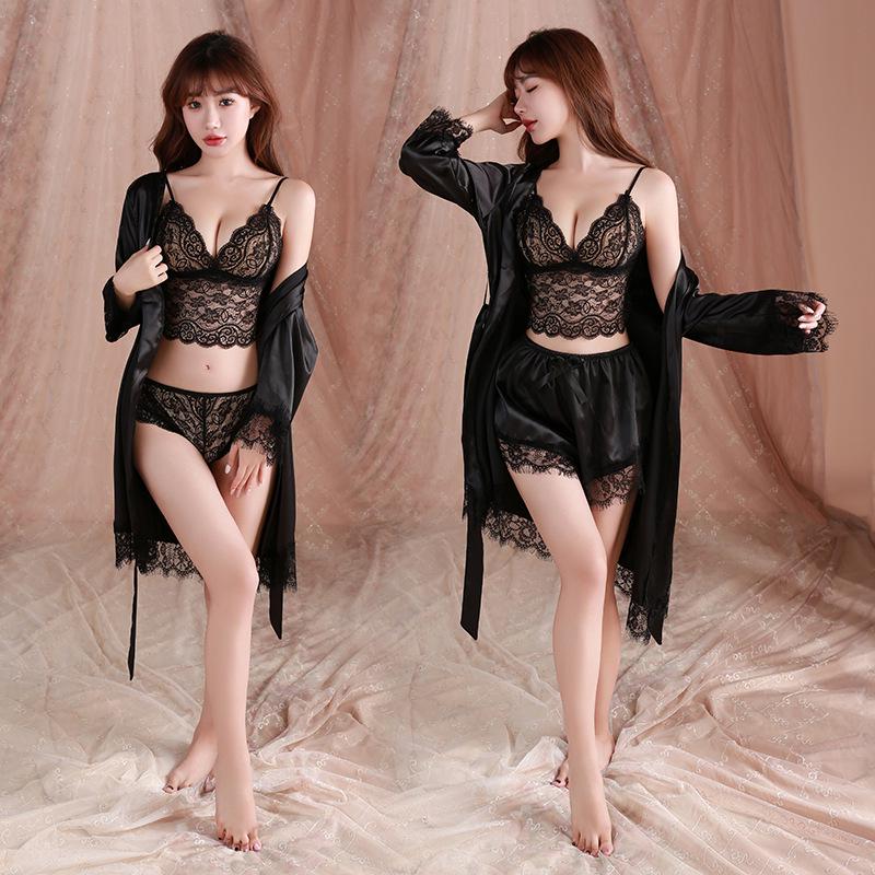 Plus Size Women's 4-Piece Lace Pajama Set: Robe, Shorts, and Camisole In European & American Style