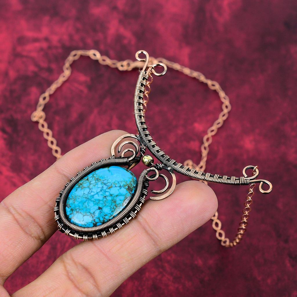 Tibetan Turquoise Necklace Copper Wire Wrapped Necklace Adjustable Chain Necklace Handmade Copper Jewelry Gemstone Necklace Engagement Gifts