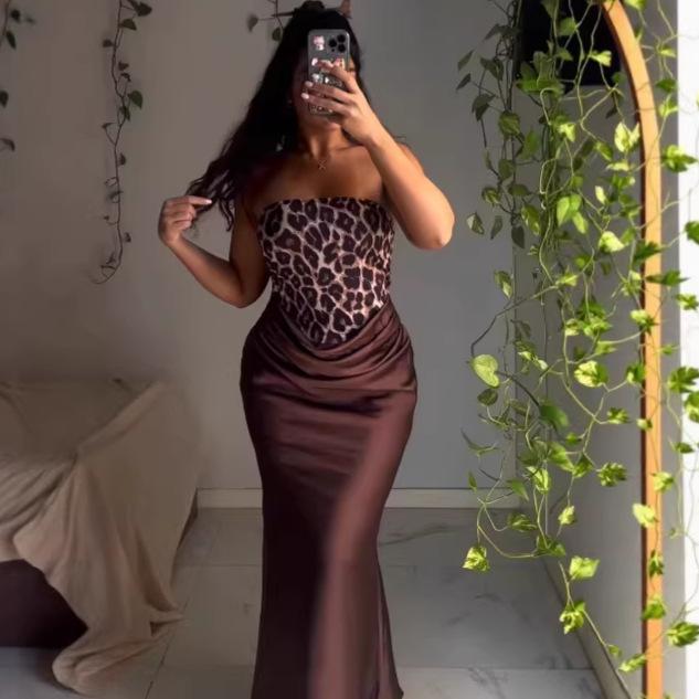 European and American Summer Pure Desire Style Leopard Print French Tube Top Dress, Sexy Off-the-shoulder Temperament, Waist and Thin Buttocks