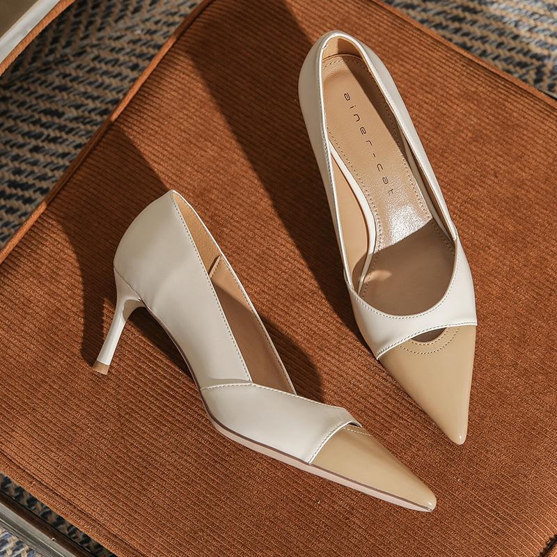 

62602 [sheepskin] high heels women s thin heels 2025 new European and American style light mouth pointed head color matching patent leather shoes 34