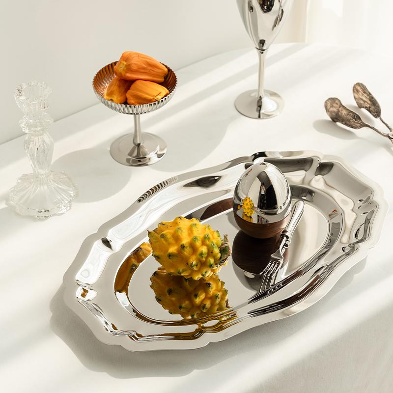 European Stainless Steel Oval Lace Tray for Afternoon Tea, Cake, Fruit Plate, Dessert Plate, Household Dining Tray, and Dining P