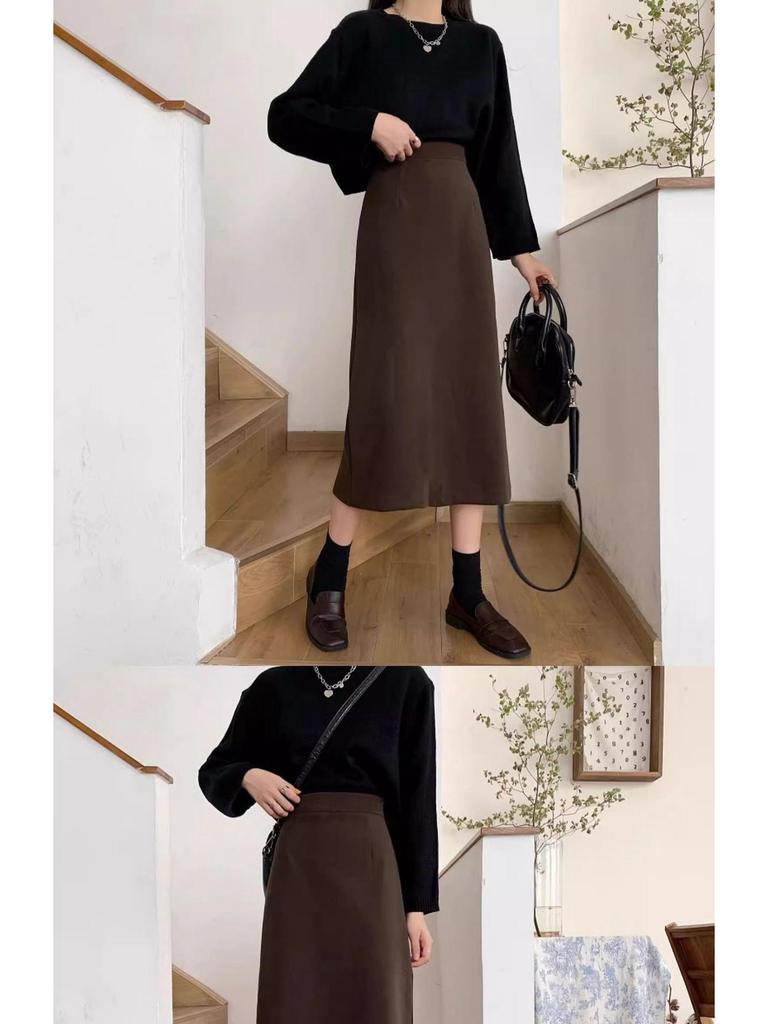 Women's High Waist Wool A-line Skirt: Slimming, Versatile, Black, Slit, Hip-Covering, Autumn/Winter 2025.