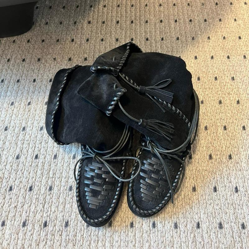 Cowhide Inner Heightening Retro Fringed Strap Western Boots Women's Genuine Leather Woven Medium Tube Stack Boots Ruffled Martin Boots