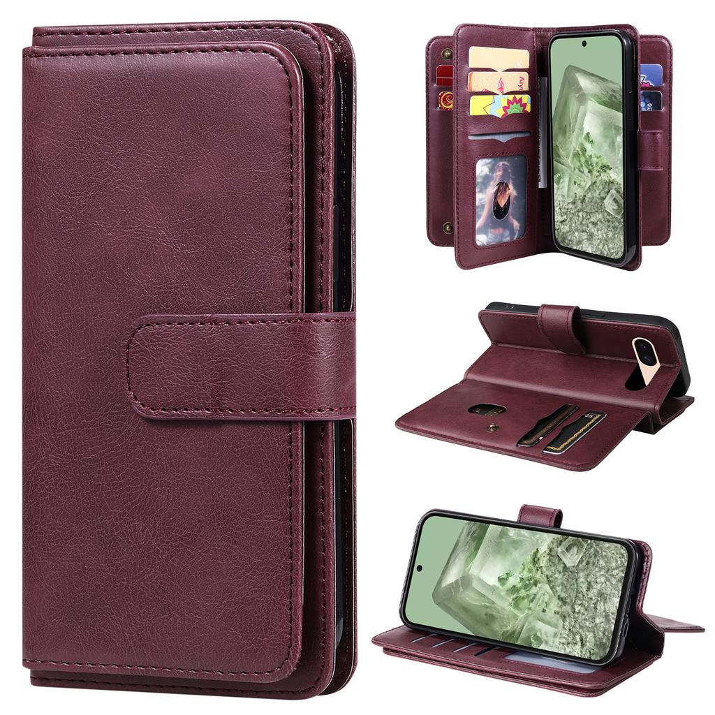 For Google Pixel 8a Leather Case with 10 Card Holder Phone Cover Stand