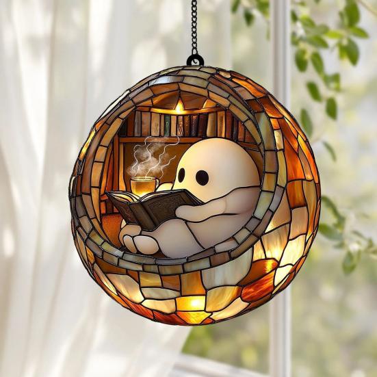 Halloween Acrylic Suncatcher Adorable Ghost Reading Book Pendant Black Cat Teacup Spooky Window Hanging Decoration for Home Parties Festivals