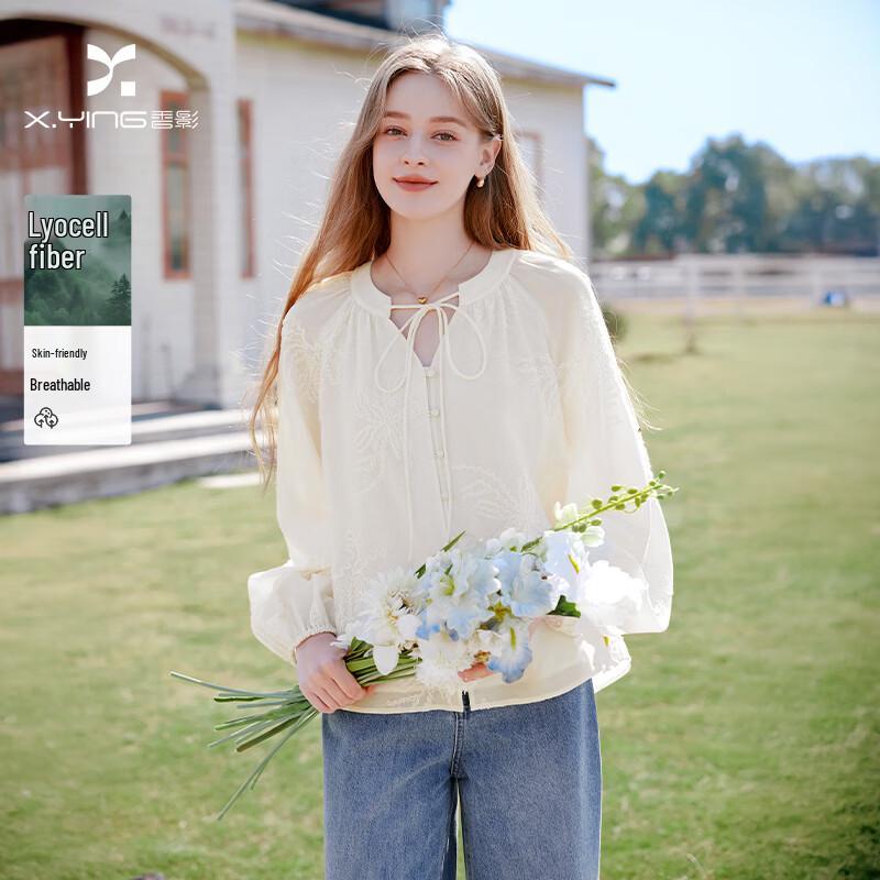 Xiangying Women s V-Neck Puff Sleeve Embroidered Blouse L