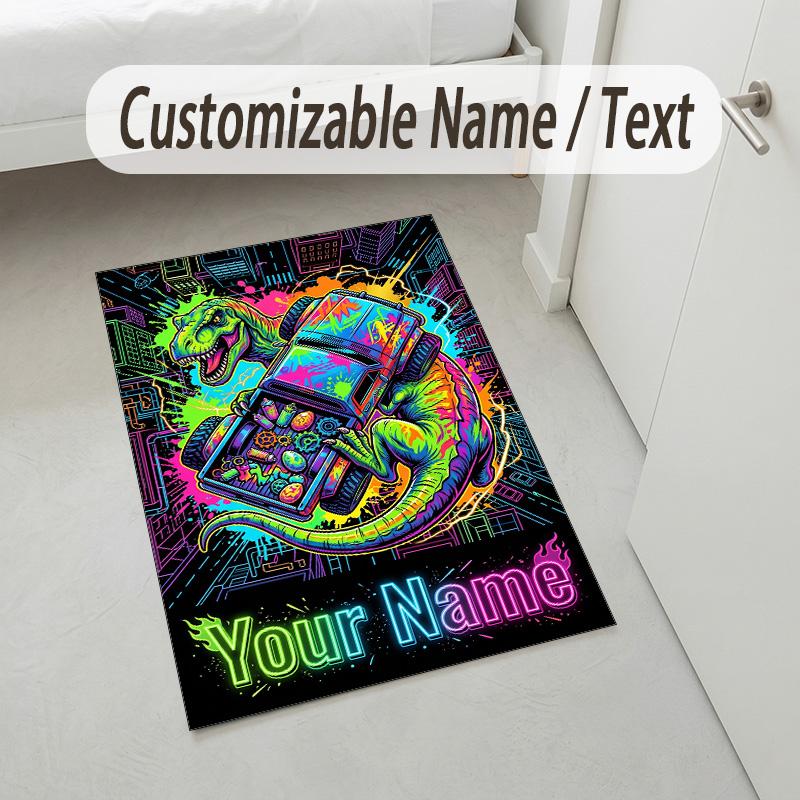 Dinosaur Theme Crystal Velvet Rug Personalized Custom Name Text Soft Floor Mat Home Decor