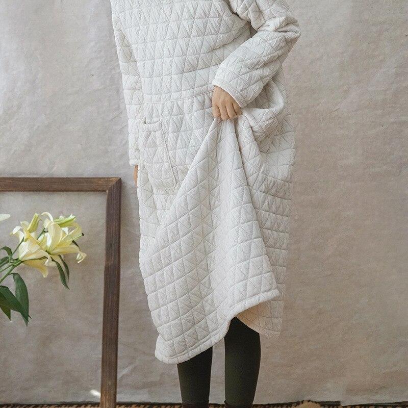 Johnature Women Vintage Winter Dresses Warm Thick O-Neck Long Sleeve Pockets Female Robes High Waist Dresses